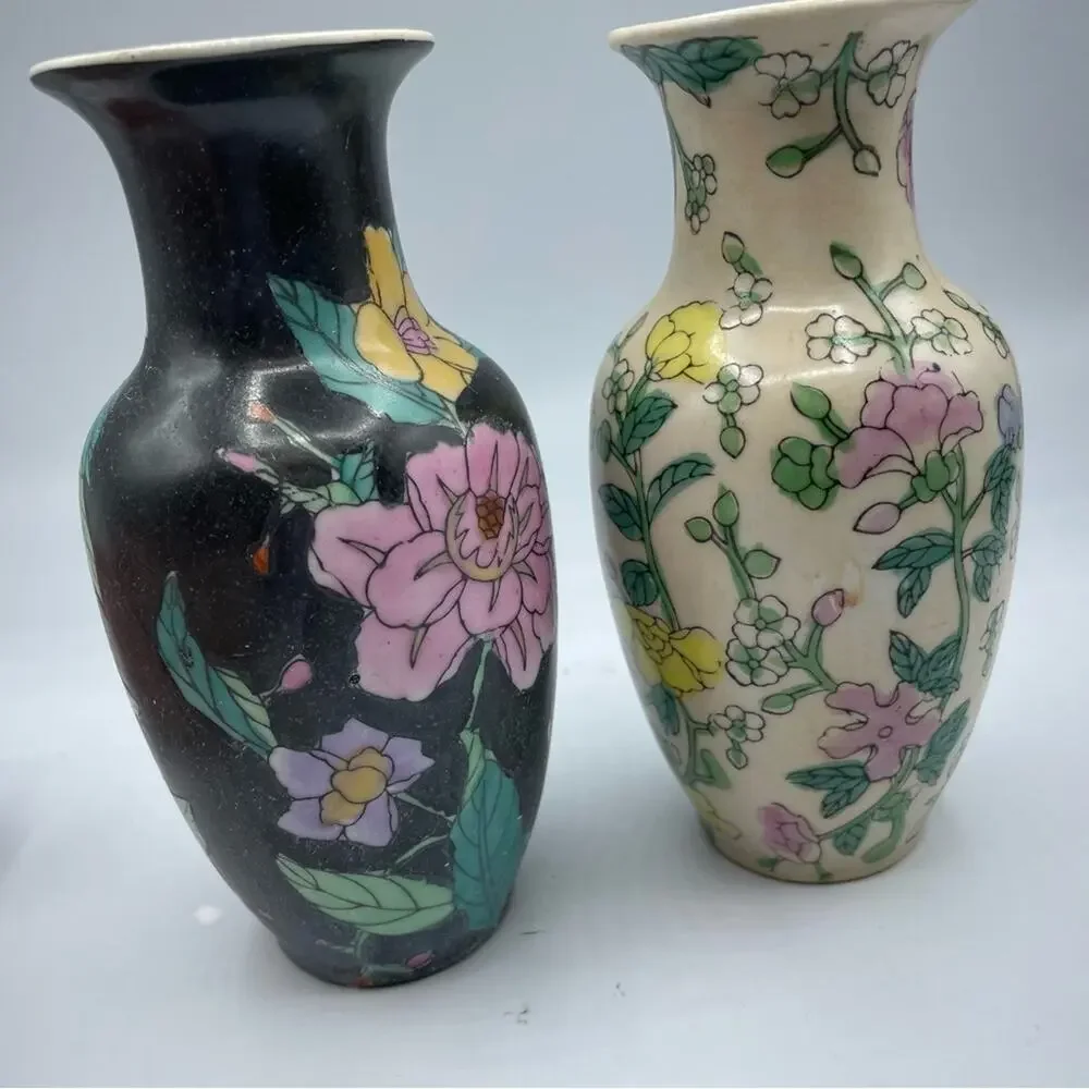 Vintage Mini Vase Set Black & White Floral Made in China